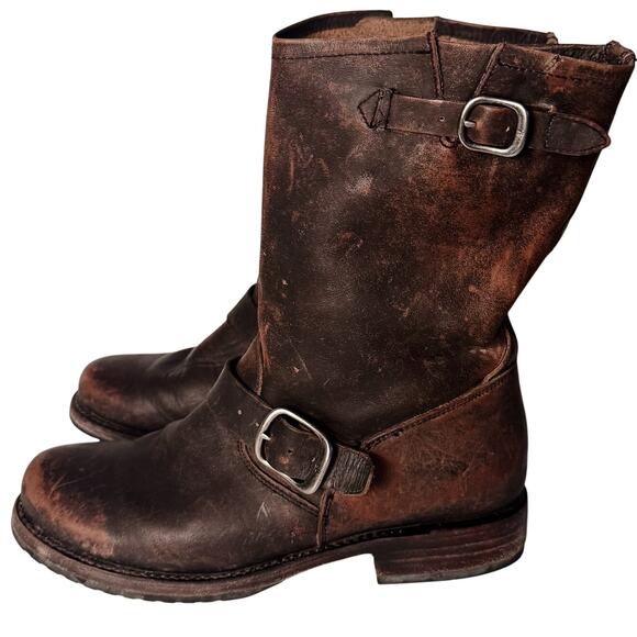 Frye Veronica Short Boots Womens sz 9 Brown Black Distressed Flat Engineer Biker - Picture 5 of 8
